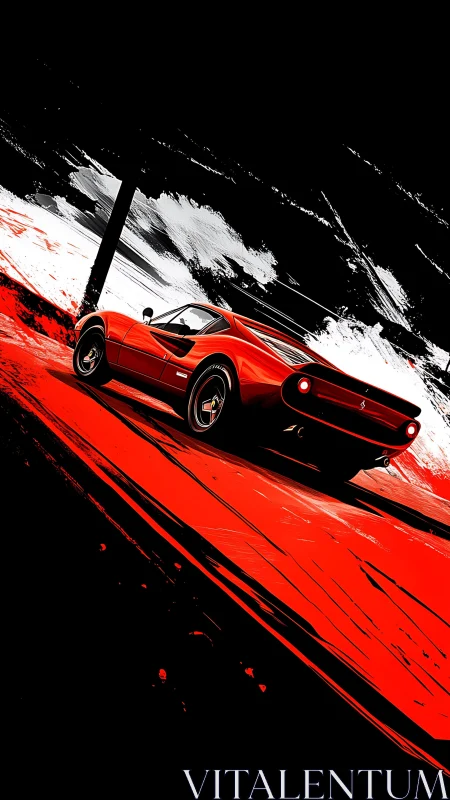 Digital painting of red sports car on dynamic abstract highway.