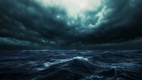 Dark storm clouds over rough open ocean waves at dusk.