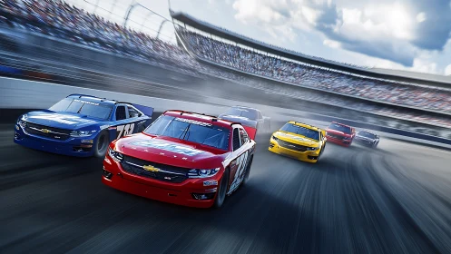 Stock cars advance through a banked oval track in formation