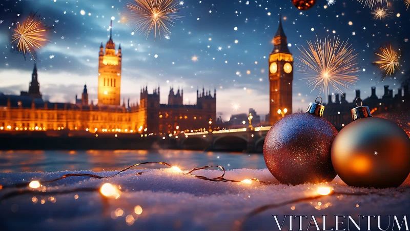 Cozy holiday fireworks glow over London’s sparkling river.