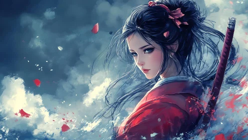 Samurai heroine in red kimono amid swirling painterly mist