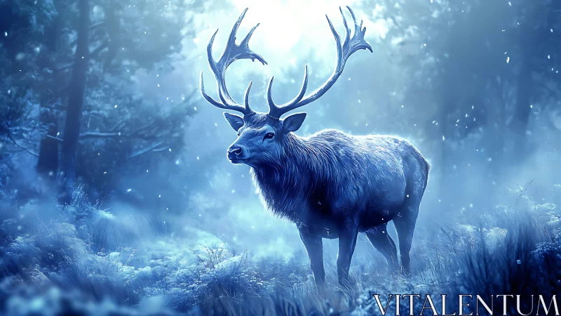 Gentle winter stag standing quietly in a blue misty forest.