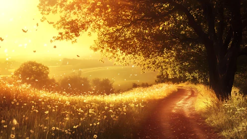 Golden country lane under glowing sunset canopy.