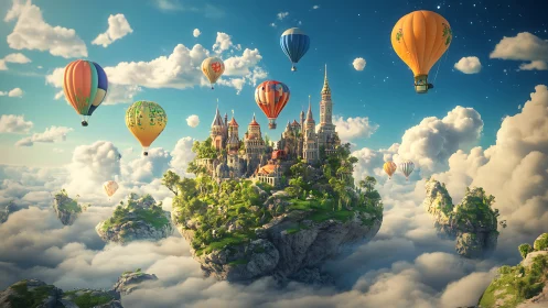 Skyborne castle isle drifting with festive hot air balloons.