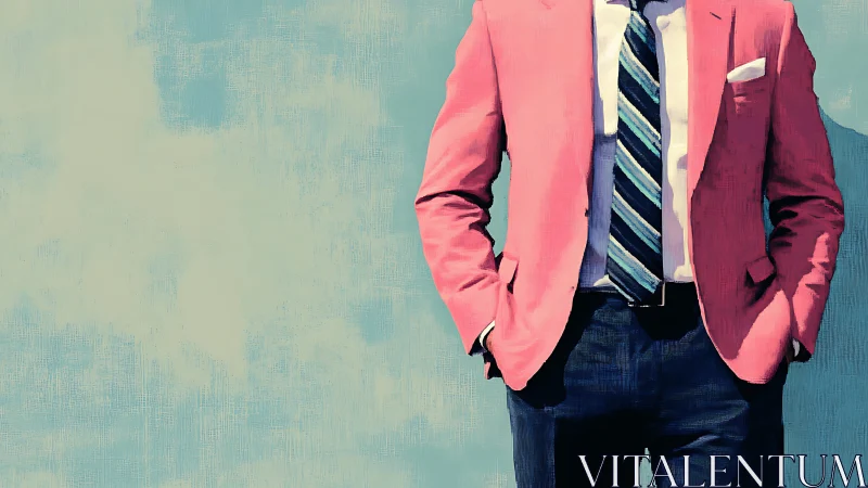 Man in pink blazer against muted blue textured wall.