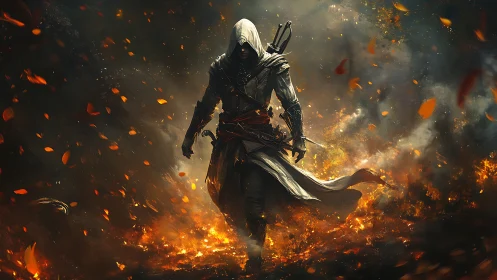 Hooded rogue advancing through burning embers and smoke.
