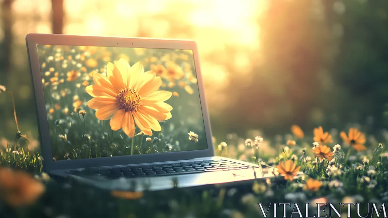 Laptop rests in grass while screen displays single yellow daisy