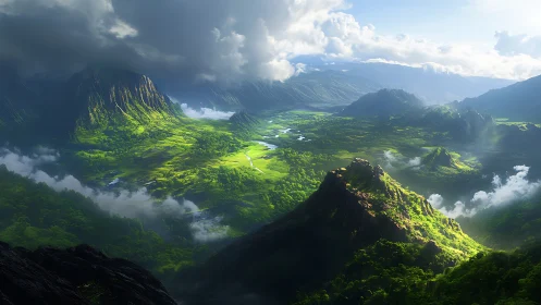 Sunlit emerald valley beneath towering stormlit peaks.