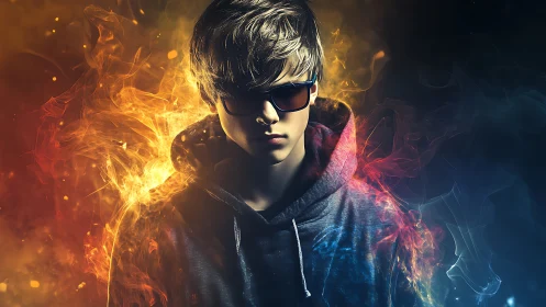 Hooded figure stands amid symmetrical fire and smoke effects