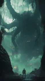 Lone figure confronts colossal tentacled entity in abyss