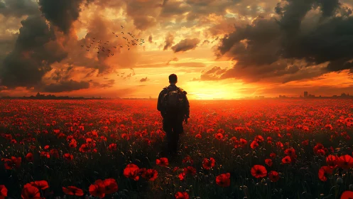 Lone traveler silhouetted in radiant sunset poppy fields.
