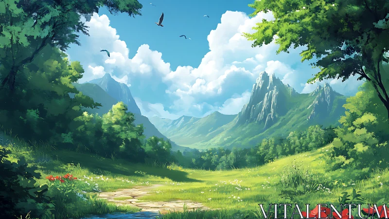 Sunlit mountain valley with winding forest footpath