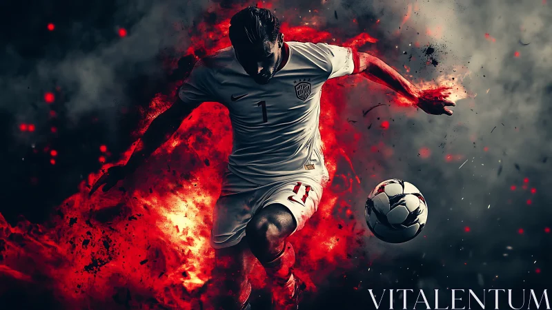 Dynamic soccer player kicking ball in fiery red smoke.