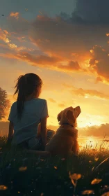 Girl and dog seated by lakeside under orange sunset sky.