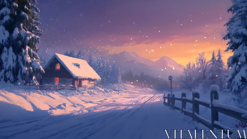 Snowy cabin road glows beneath a tranquil winter sunset.
