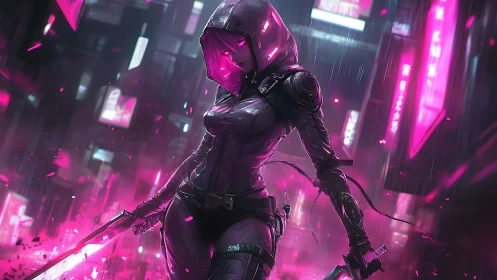 Neon cloaked warrior strides through a rain lit cyber city