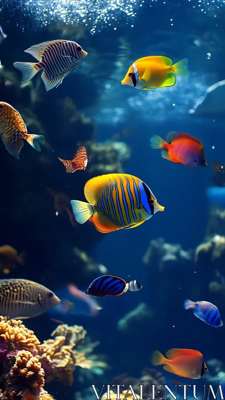 Photorealistic tropical reef scene with vivid schooling fish.