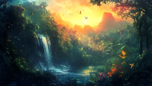 Luminous rainforest valley with waterfalls and radiant sunrise.