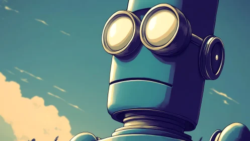 Cel-shaded cylindrical robot portrait under teal sky