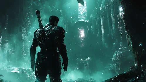 Armored soldier stands in glowing teal cavern chamber.