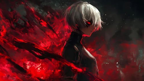 White‑haired revenant wreathed in feral crimson firestorm.