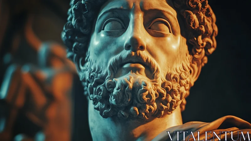 Marble bearded statue head rendered with dramatic lighting