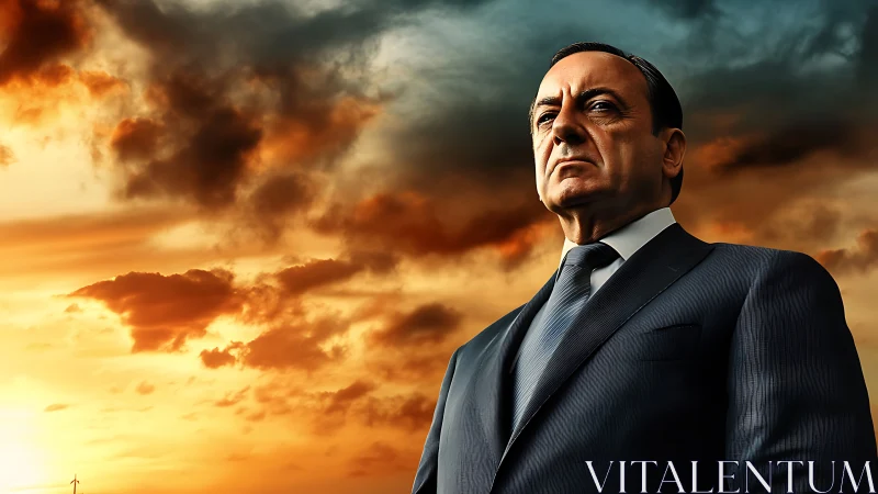 Ironclad executive beneath a bruised, blazing sunset sky.