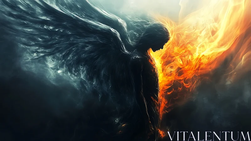 Dark winged figure against bright swirling fire and smoke.