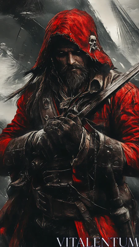 Storm-worn rogue in a crimson hood stands in quiet resolve.