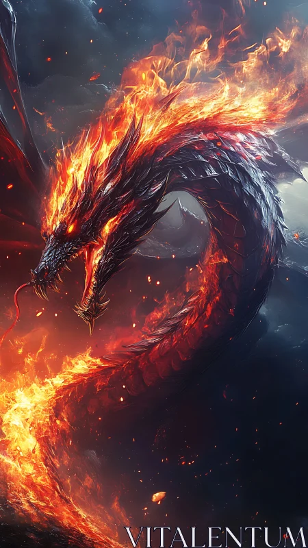 Fire dragon coils through storm sky in blazing arc