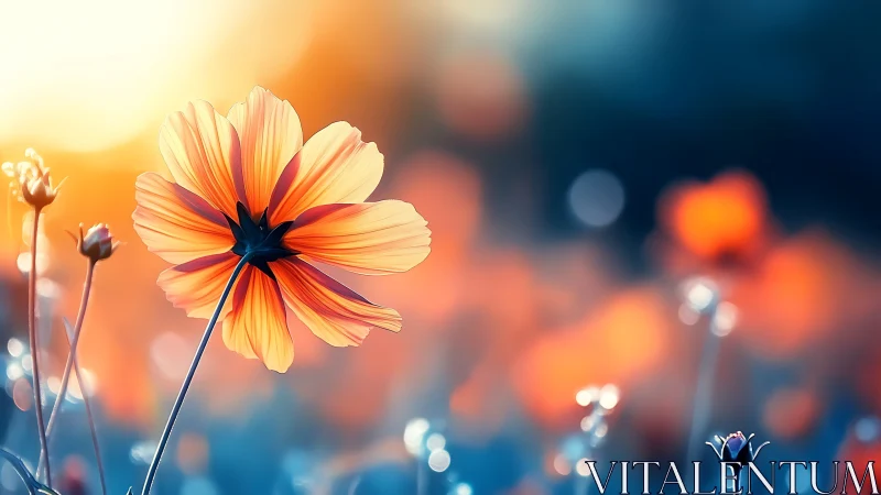 Bright yellow cosmos flower backlit by sunset gradient