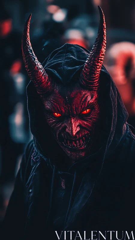 Sinister horned figure glows red in a dramatic city night