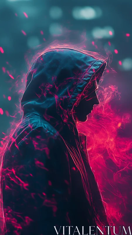 Hooded silhouette in neon plasma turbulence field profile.