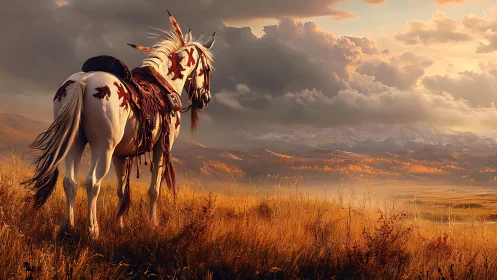 Painted horse in autumn plains under stormy sunset.