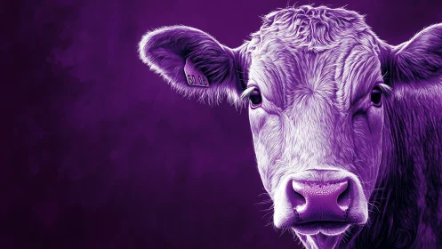 Vibrant violet cow portrait with high-contrast digital detail.