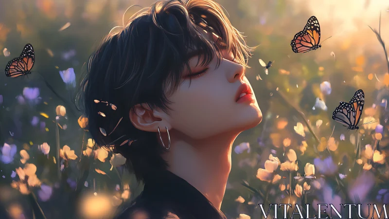 Serene androgynous figure amid glowing butterflies at dusk.
