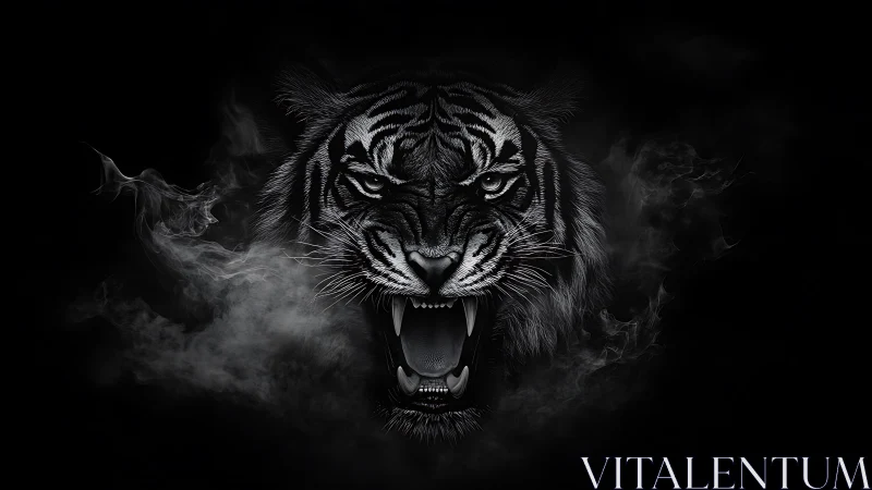 Snarling monochrome tiger head emerging from swirling smoke.