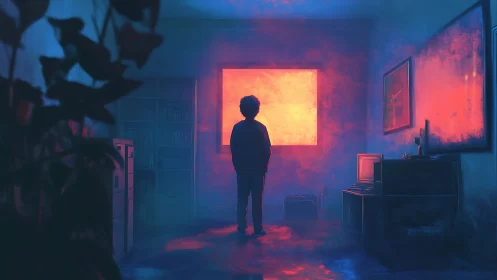 Boy in dark room facing glowing neon window portal.