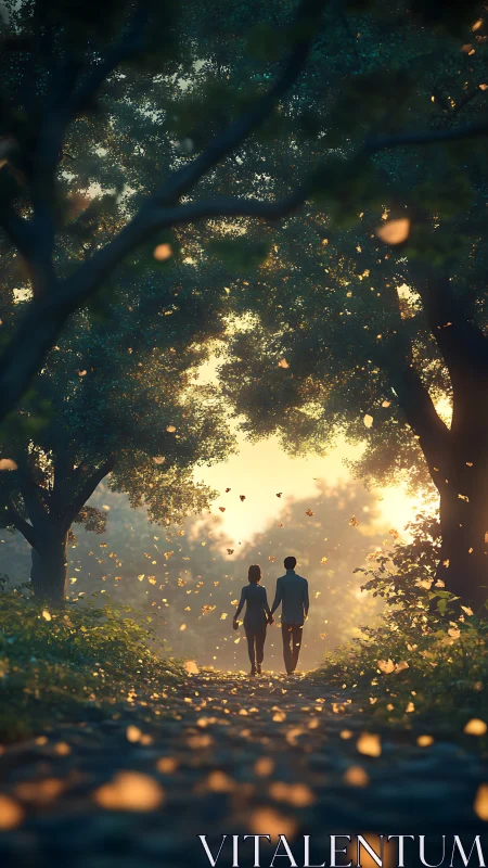 Luminescent pathway awakens two wanderers beneath ancient canopy.