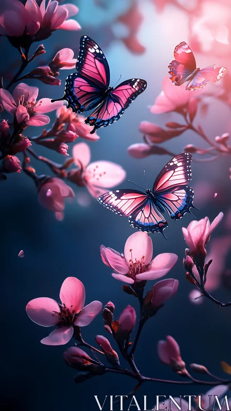 Gentle butterflies drifting through soft pink spring blossoms.