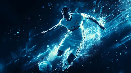 Dynamic soccer striker rendered in high-contrast neon motion field