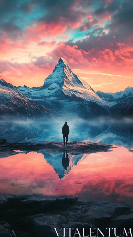 Silhouetted figure faces snow peak mirrored in vivid lake