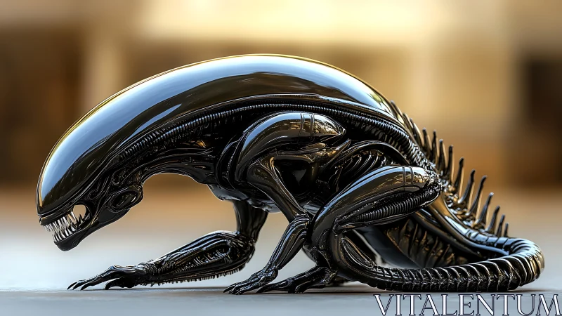 Sleek alien creature crouches in polished sci fi environment