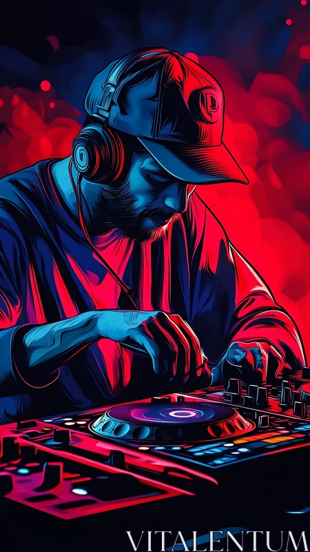 Neon-lit DJ immersed in sound at a glowing night set.