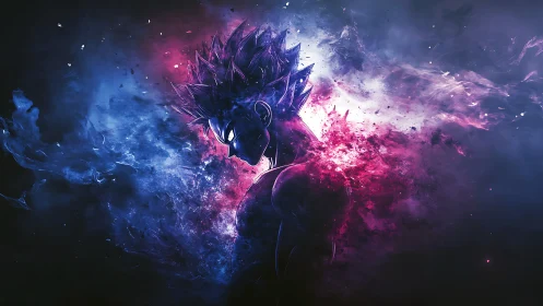 Energetic anime warrior in nebulous magenta and cyan aura