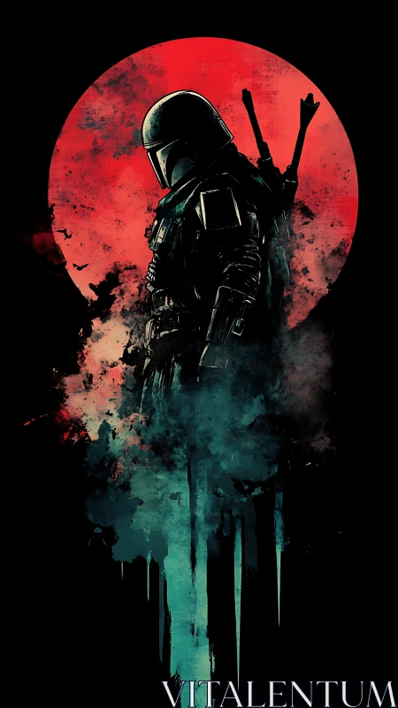 Armored sci‑fi warrior silhouetted against abstract red moon