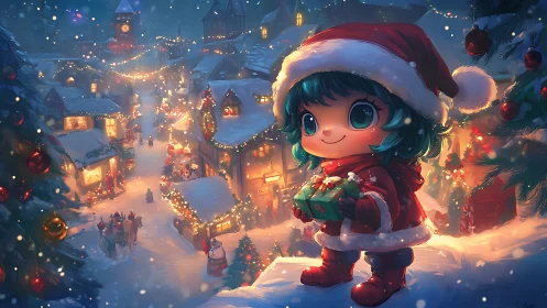 Festive child character overlooking glowing winter village.