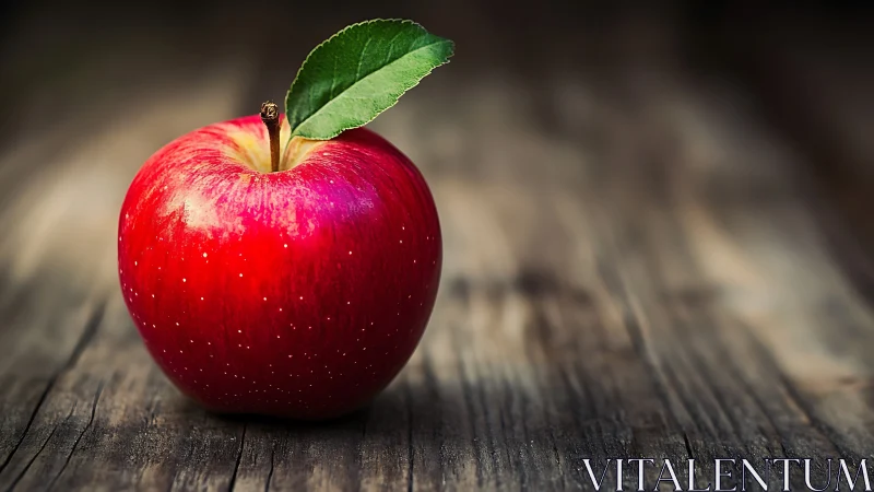 Single red apple rests on rustic wood in shallow focus