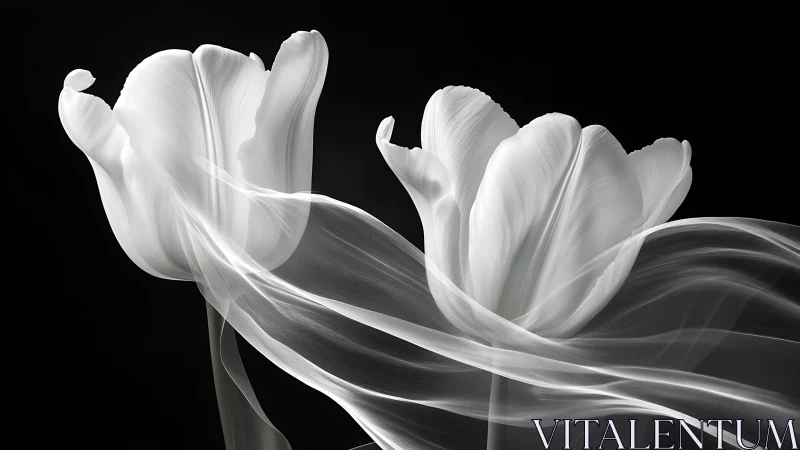 Black and White Floral Composition with Flowing Petals.