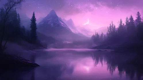 Purple twilight mountains reflected in calm forest lake.
